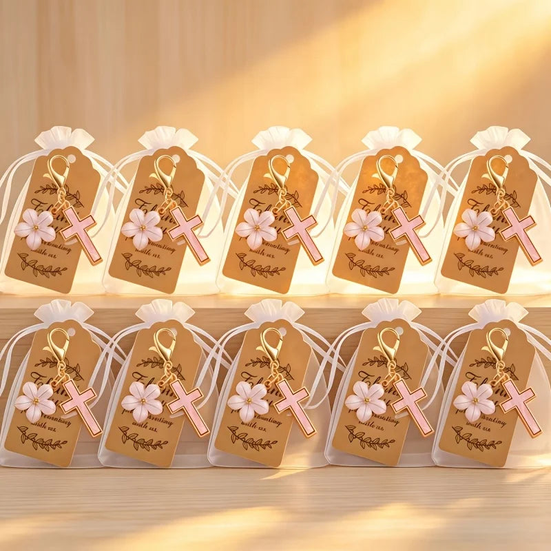 10-50 Sets Gold Cross Flower Keychains