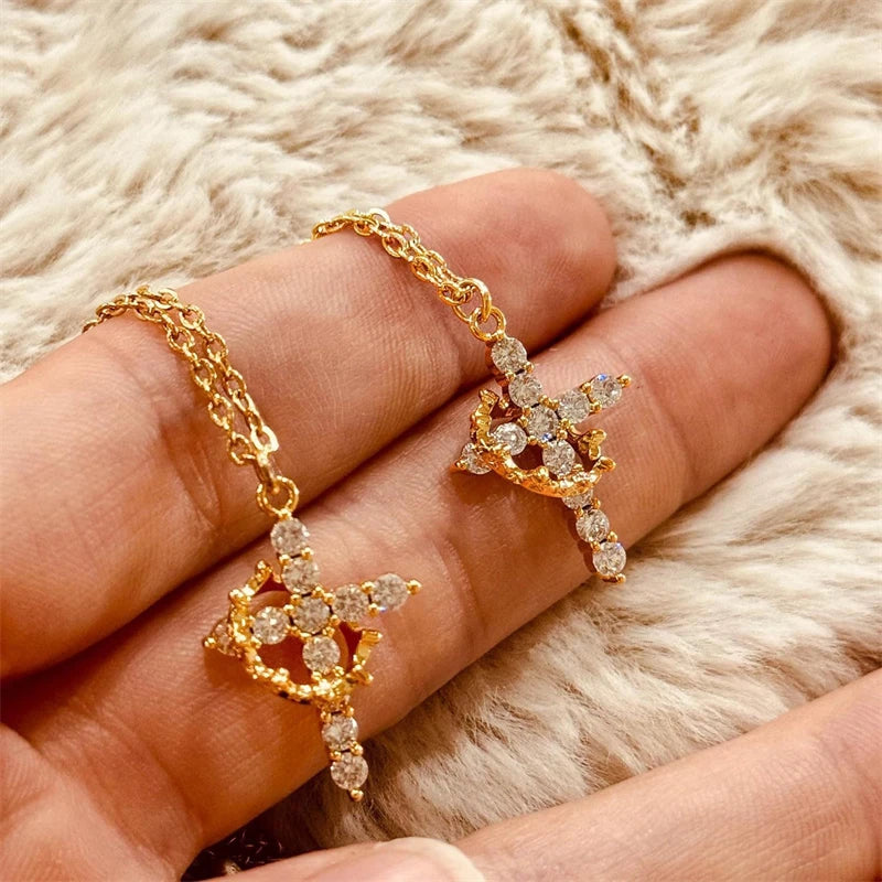 Rotatable Crown Cross Pendant Necklace