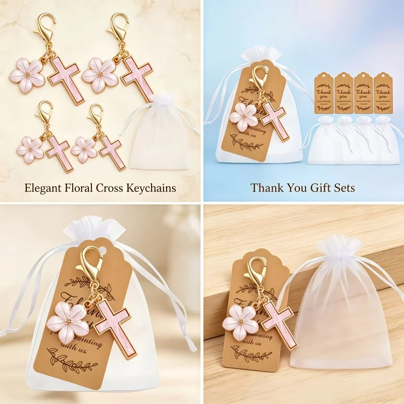 10-50 Sets Gold Cross Flower Keychains