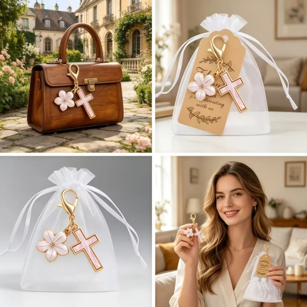 10-50 Sets Gold Cross Flower Keychains