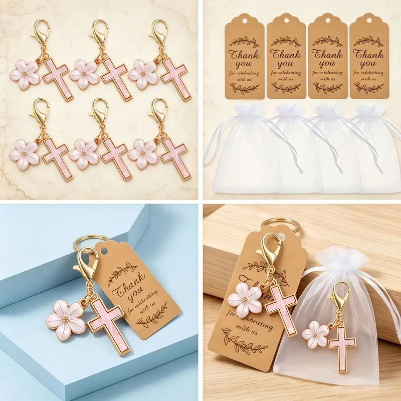 10-50 Sets Gold Cross Flower Keychains