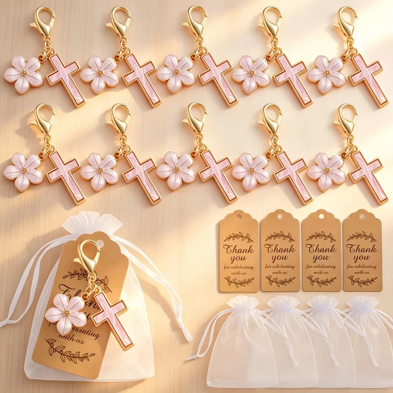 10-50 Sets Gold Cross Flower Keychains