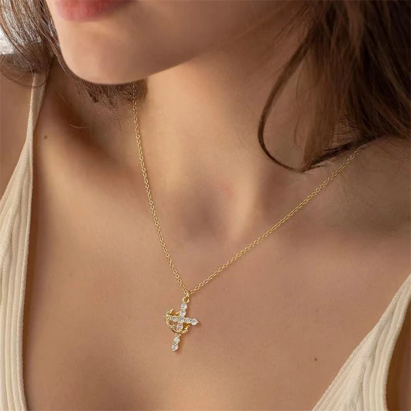 Rotatable Crown Cross Pendant Necklace