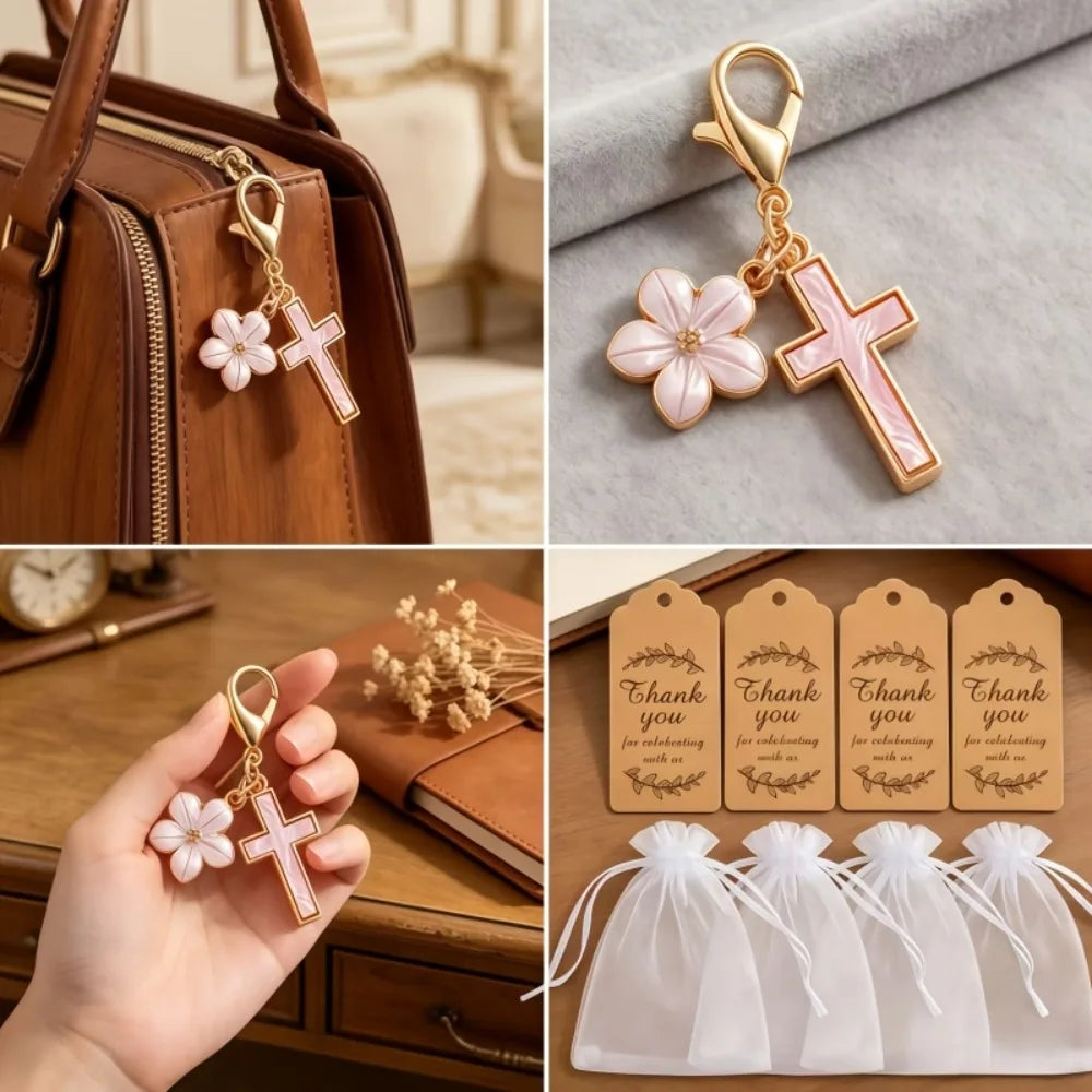 10-50 Sets Gold Cross Flower Keychains
